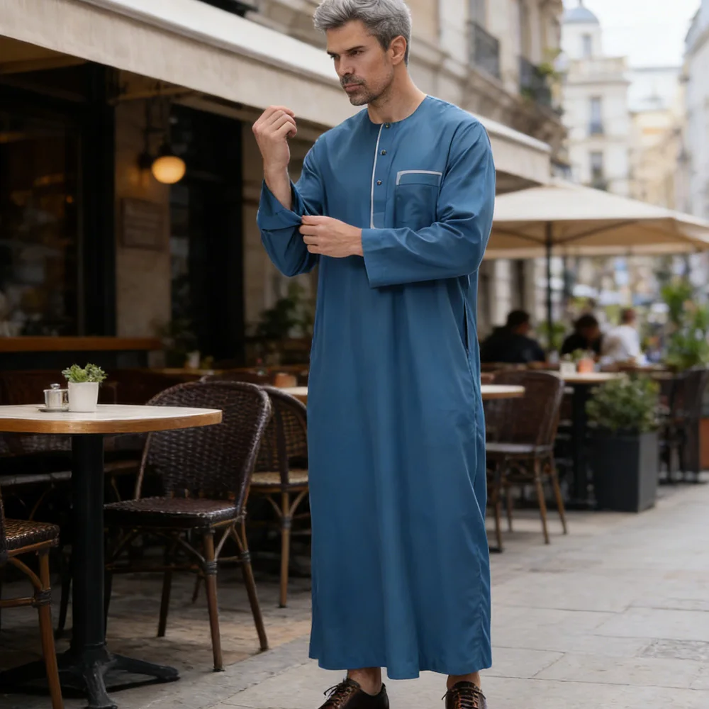 

Мужская мусульманская тоба с длинным рукавом, однотонная исламская роба, дубайская абайя, арабская джубба, одежда для молитв Ближнего Востока, даджа, дишдаша, платье