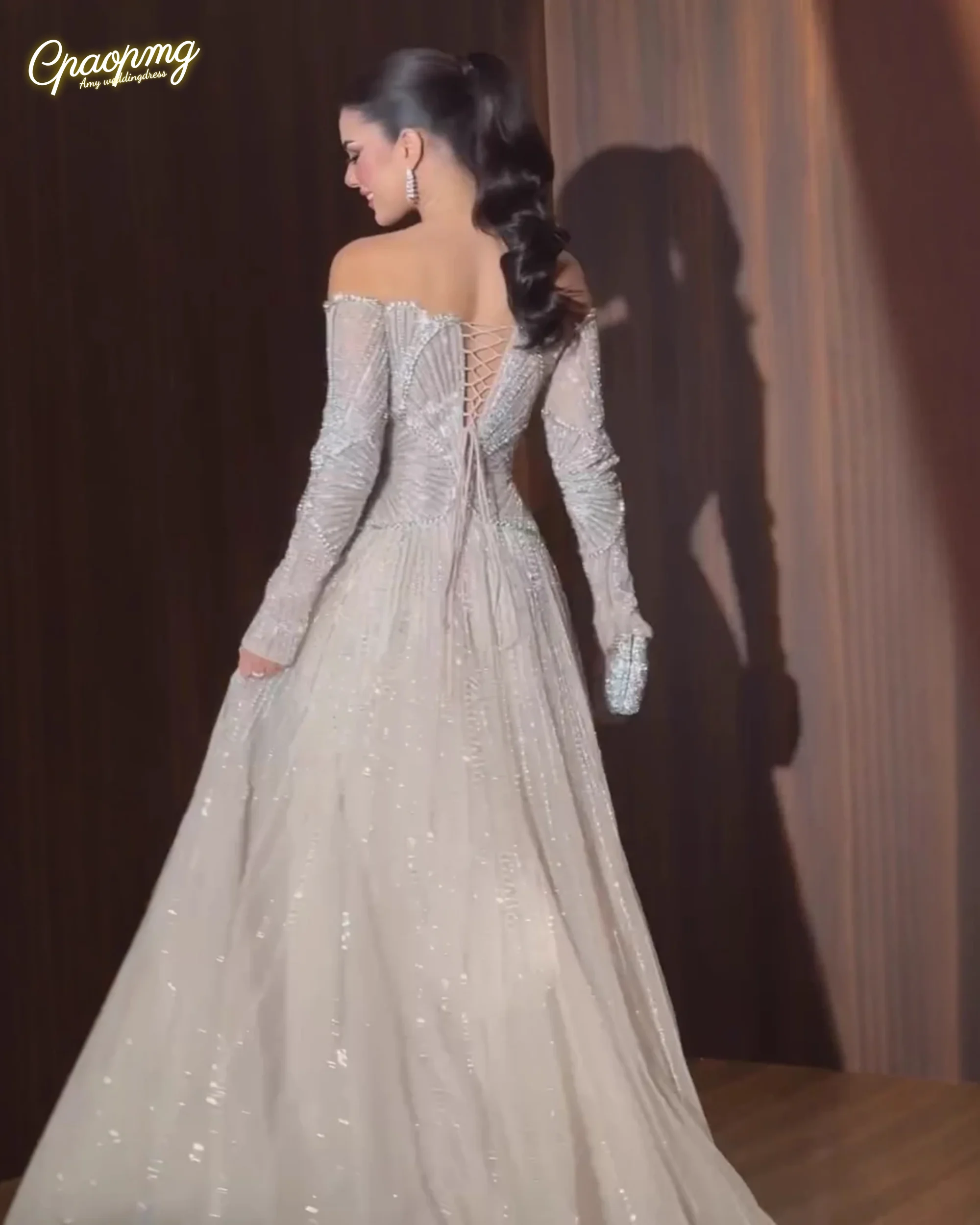 Aangepaste beige luxe kralen A-lijn avondjurk off-shoulder dames bruiloft feestjurk