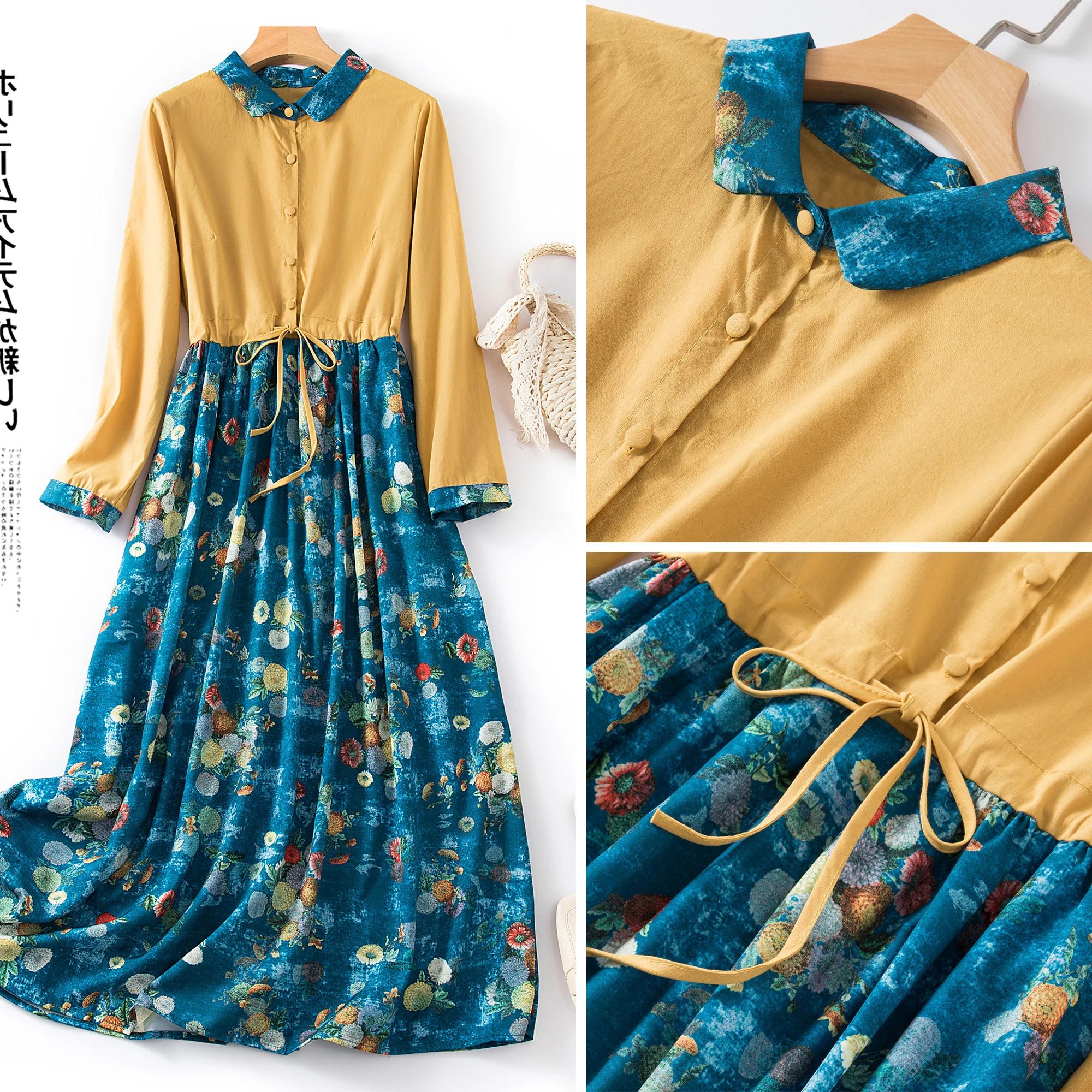 Ele القطن الكتان الدكتور المرأة ربيع الخريف المطبوعة الخصر حزام Cinched طويل الدكتور طوق ألف خط تنورة تسع نقاط S...