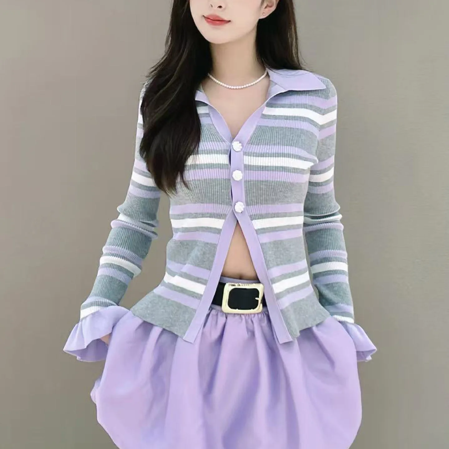 

Ele Striped Knitted Slim Fit Open Cardigan Top for Women High End Autumn Faion by SP Home Sli Casual Wear