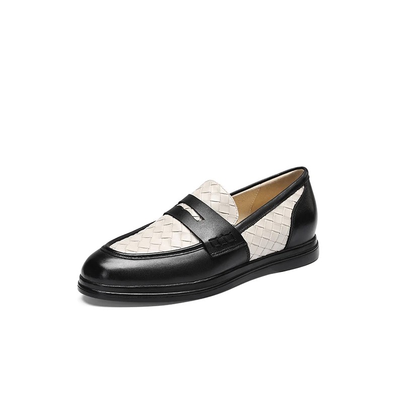 

Лоферы из натуральной кожи на низком каблуке в британском стиле с круглым носком, тканые слипоны на плоской подошве, женская повседневная офисная универсальная обувь на массивном каблуке