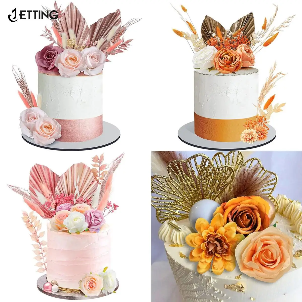 1Set Birthday Happy Party Cake Golden Palm Baking Cakes Decor Bohemian Golden Palm Leaf Decoration Flower For Cake Topper Paper