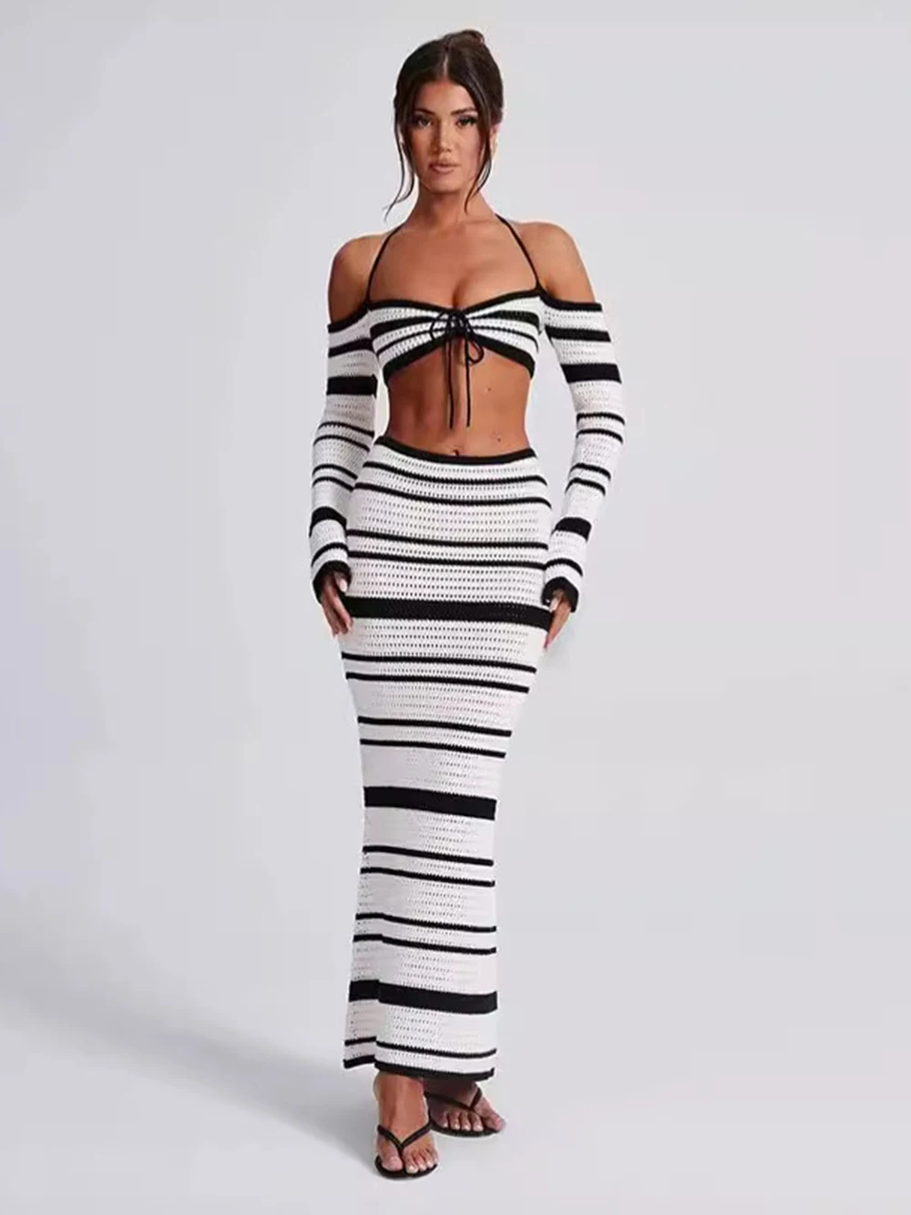 Sexy Collision Striped Knitted 2piece Set Women Summer Beach Clothing Off Shoulder Halter Lace Up Top+Elastic Straight Skirt