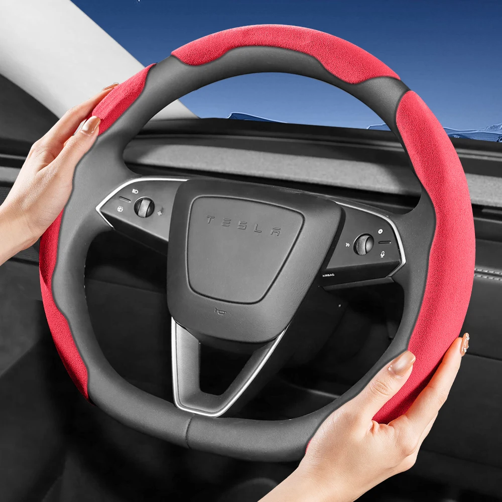 Suitable for Tesla Sports Suede Steering Wheel Cover, Split Snap-On Anti-Slip Cover, Available for Models Such as Model S, 3, Y, X, L, Etc., in Black, Brown, Mocha Brown, Red, Round and D-Shaped