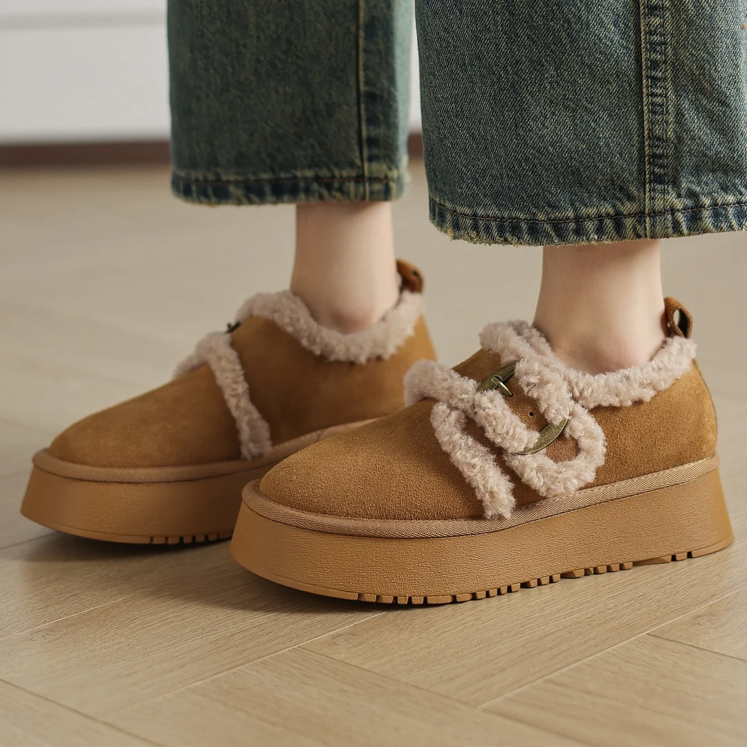 

Danxuefei женская натуральная замшевая кожа с круглым носком и металлической пряжкой из шерсти, сменные слипоны на толстой подошве, зимние теплые туфли на платформе на плоской подошве