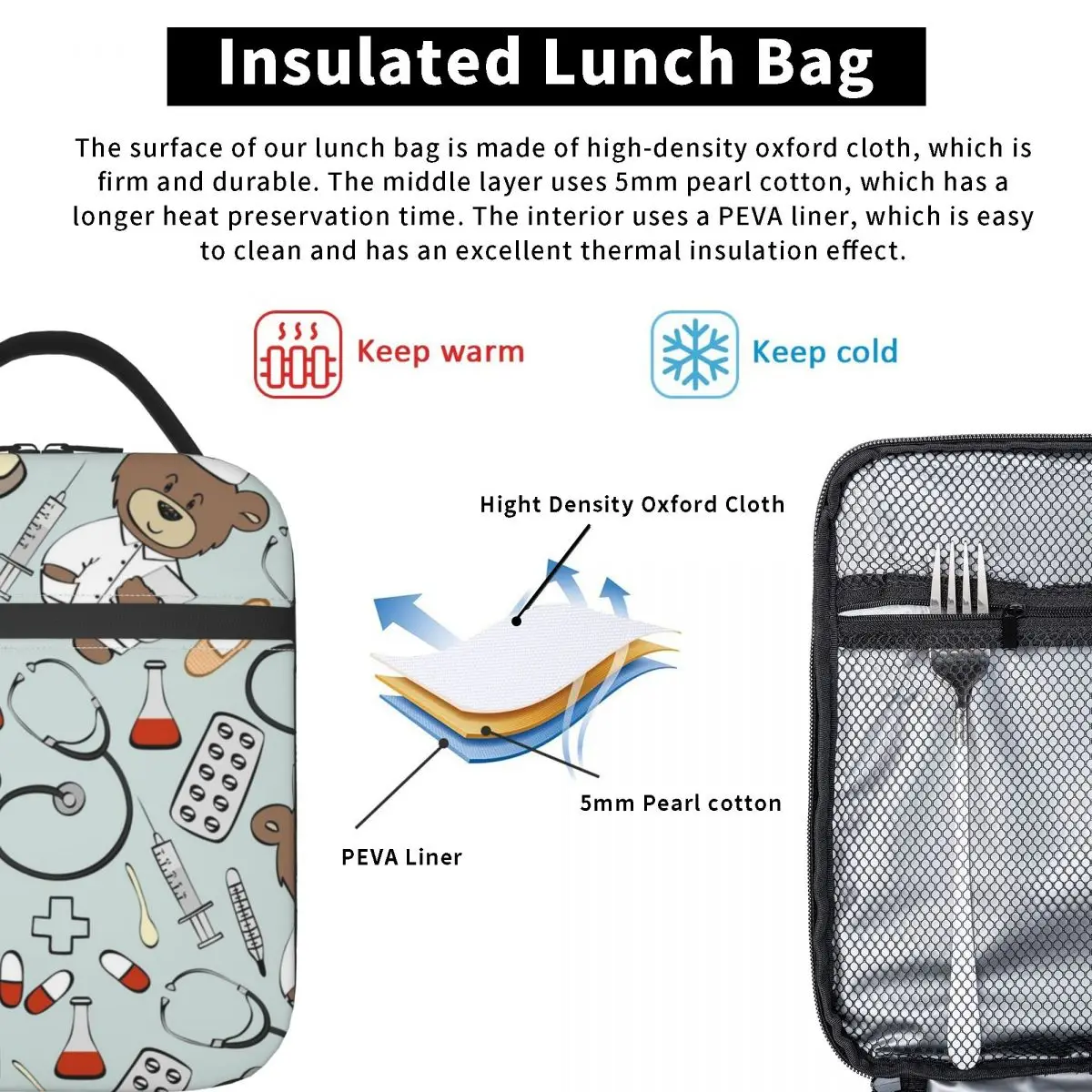 Nurse Pattern With Bear Insulated Lunch Bags for Women Health Care Nursing Portable Thermal Cooler Bento Box Work School Travel