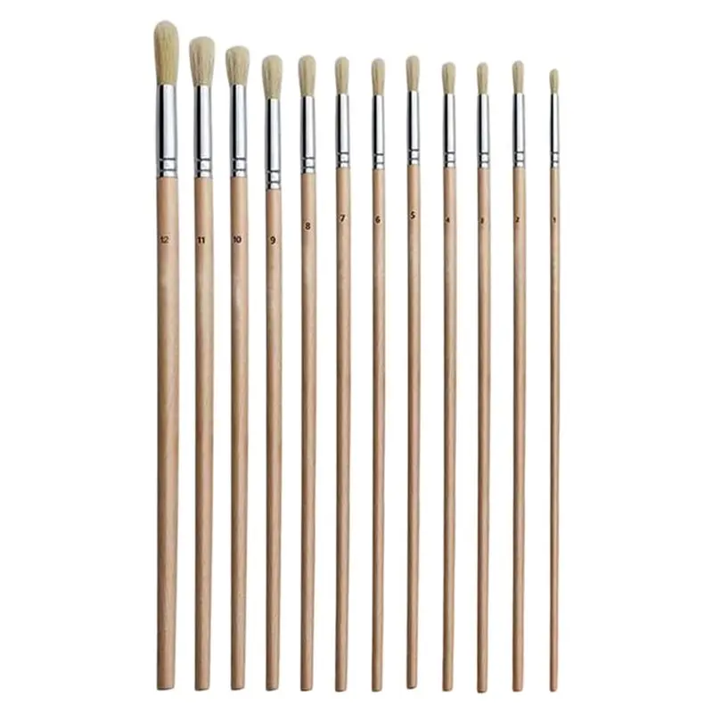 Superior-Art Supplies 12 Pc Wooden Rod Brush Set Flat/Round Head Student Color Painting Water Powder Oil Paint Brushes