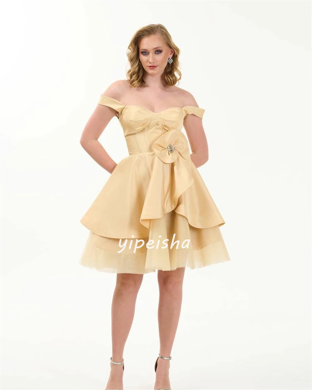 Satin Rhinestone Pleat Beach A-line Off-the-shoulder Bespoke Occasion Gown Knee Length Dresses