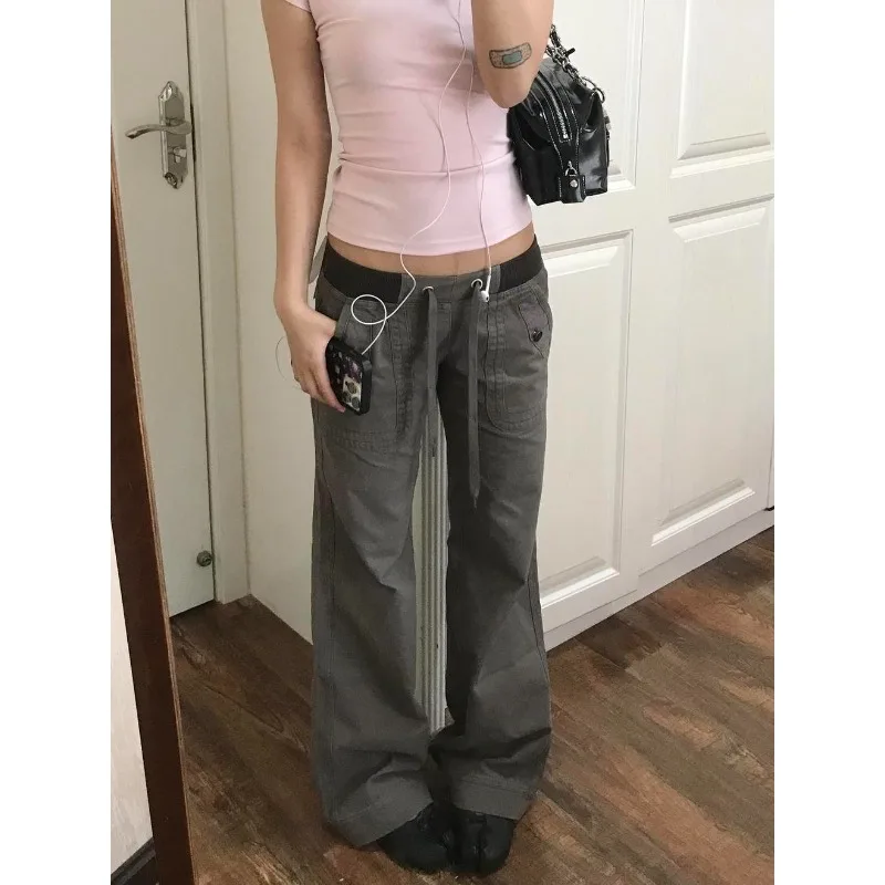 American Retro Low Waist Washed Plus Size Loose Jeans Women Lace Up Flared Wide Leg Jeans Y2k Vintage Streetwear Daily Casual