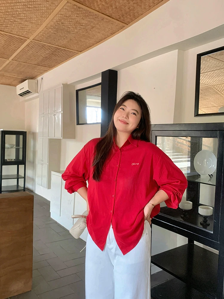 

Lin Da Hui 2024 New Early Autumn Loose Red Long Sve Women's irt Faionable plus Size Casual Wear for Plump Ladies