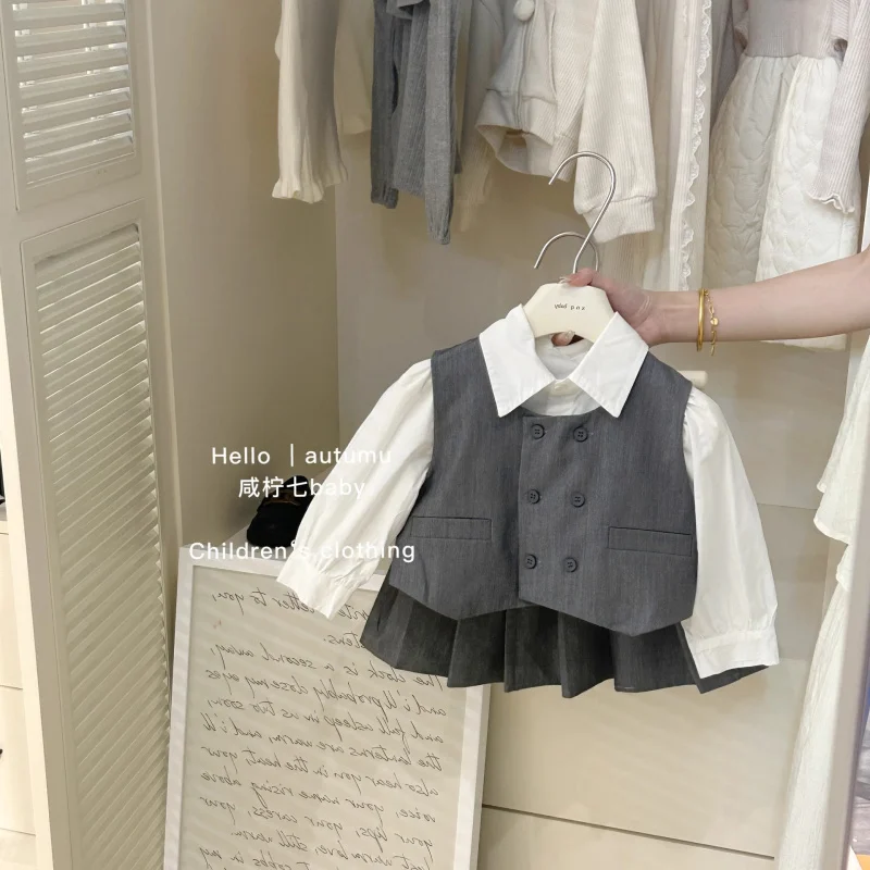 Baby Girl Vest Suit2024Autumn New Girls' Shirt Pleated Skirt Preppy StyleJKThree-Piece Suit