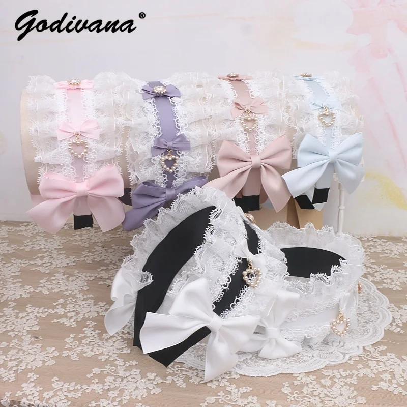 Fascia per capelli fatta a mano giapponese dolce e carina Lolita con fiocco in strass, fascia larga per ragazza, dolce copricapo da donna