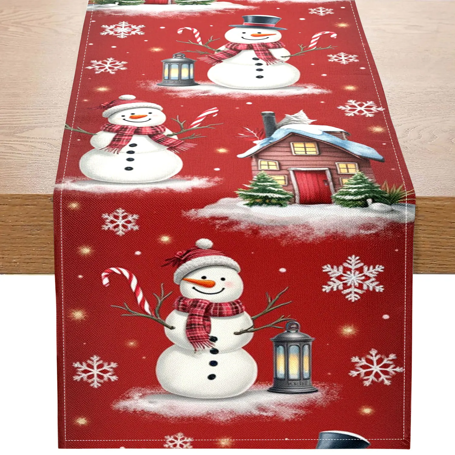 1 Piece of Christmas-Themed Table Runner, Featuring Snowmen, Cabins, and Snowflake Patterns, Suitable for Christmas Parties, Holiday Home Decorations, and Other Occasions
