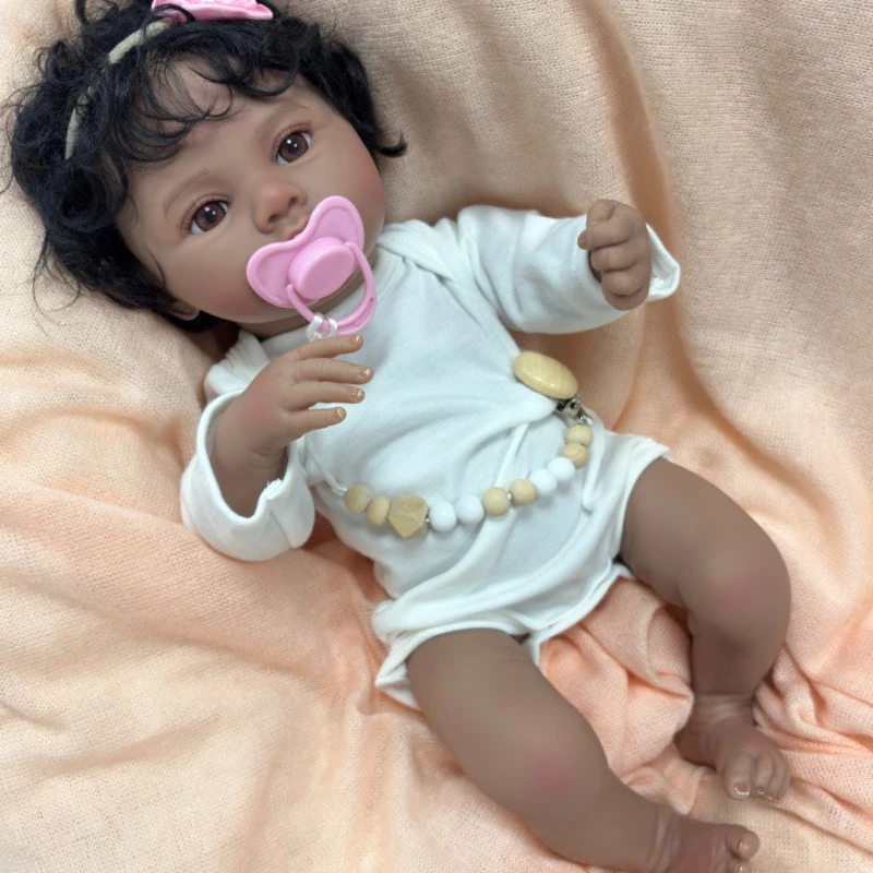 Muñeca Reborn de silicona de 18 pulgadas, pradera en piel oscura, cuerpo completo de vinilo, niñas afroamericanas con pelo rizado negro, Bonecas