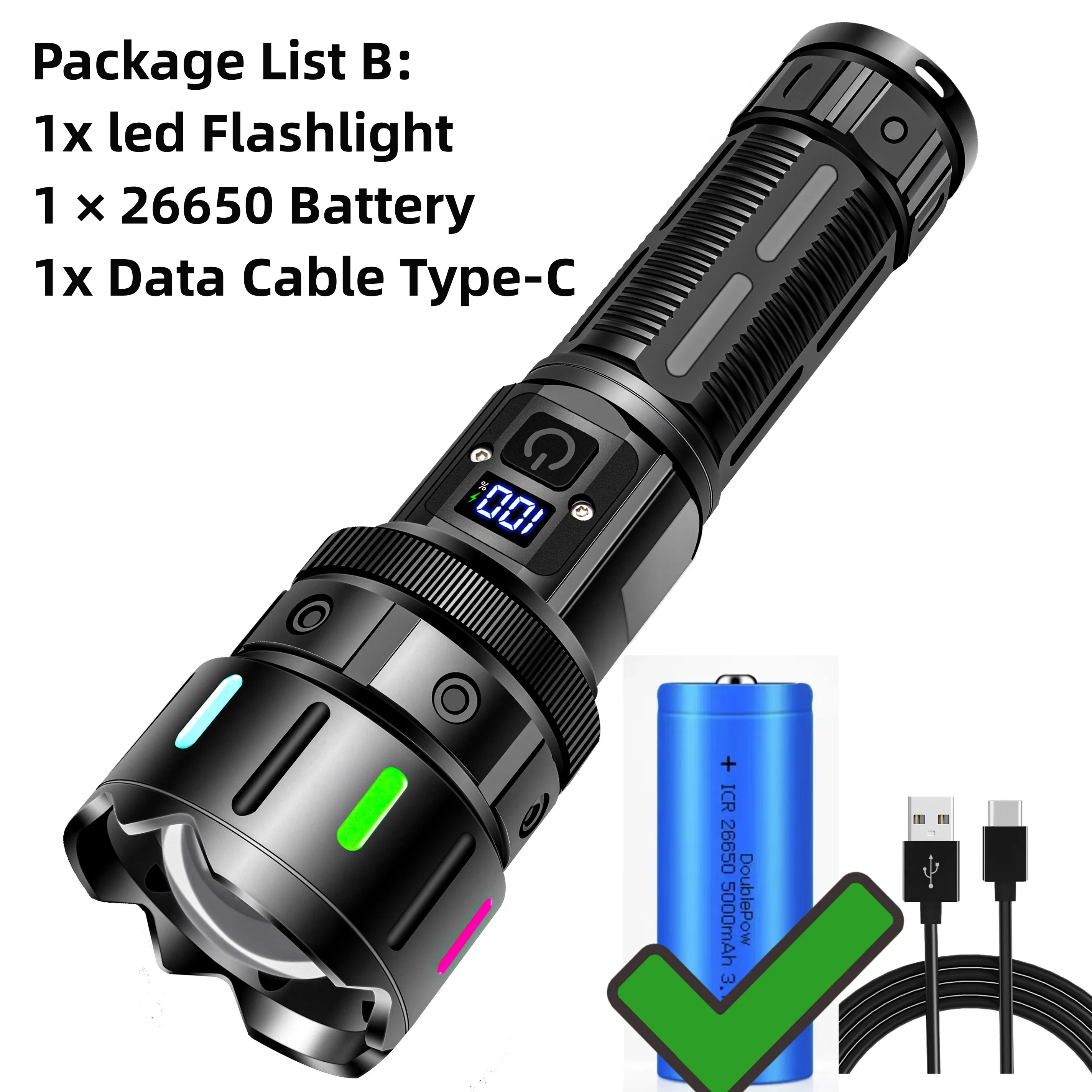 High Power Led Zaklamp Type-C Oplaadbare Tactische Zoomlamp Gebruik 26650 Batterij Camping Vislantaarn Met Power Display