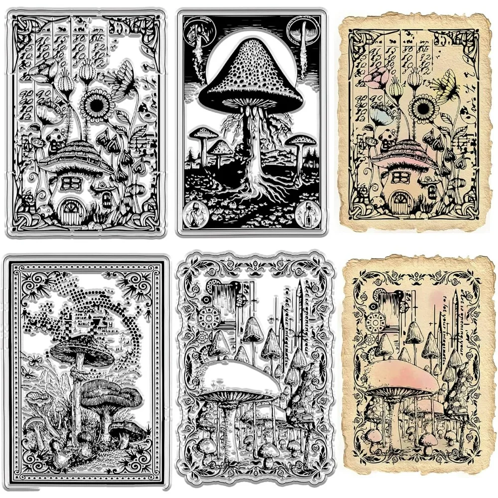 4 Style Mushroom Clear Rubber Stamps Vintage Mushroom House Transparent Silicone Stamp Seals for Card Making Background Decor