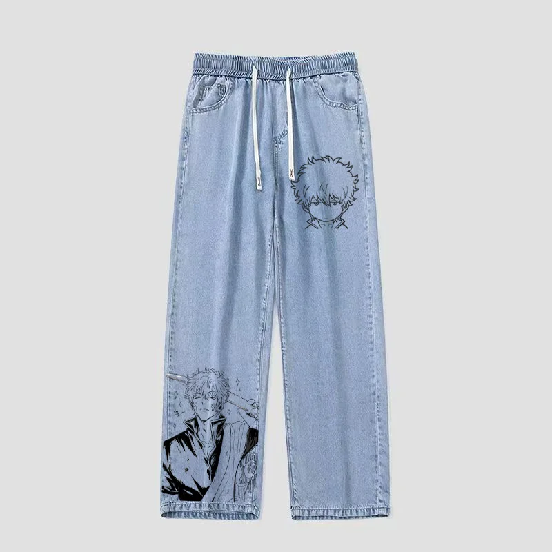 

Anime Themed Loose Fit Hand-Painted Denim Jeans for Men And Women Retro Style Long Trousers Cartoon Character Sakata Gintoki