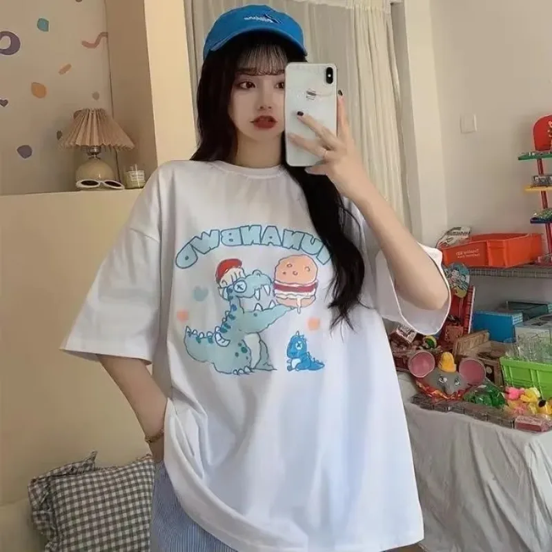 Women T Shirt Retro Trend Round Neck Oversized T-shirt Dinosaur Pure Loose Wild Short-sleeved Men Tops Harajuku