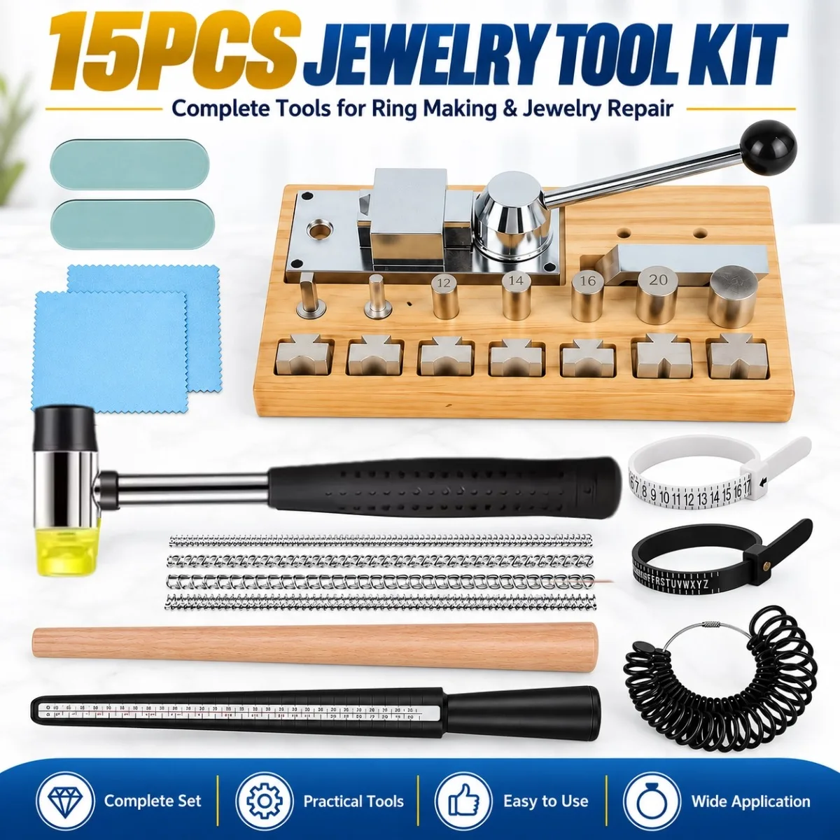 NIUPIKA 4th Generation Wooden Ring Bending Machine 15pcs Set Ring Sizer Measuring Tools Ring Sizer Adjuster Small Shaping Gold and Silver Copper Rounding Forming and Rolling Tools Jewelry Making and Repair Tools