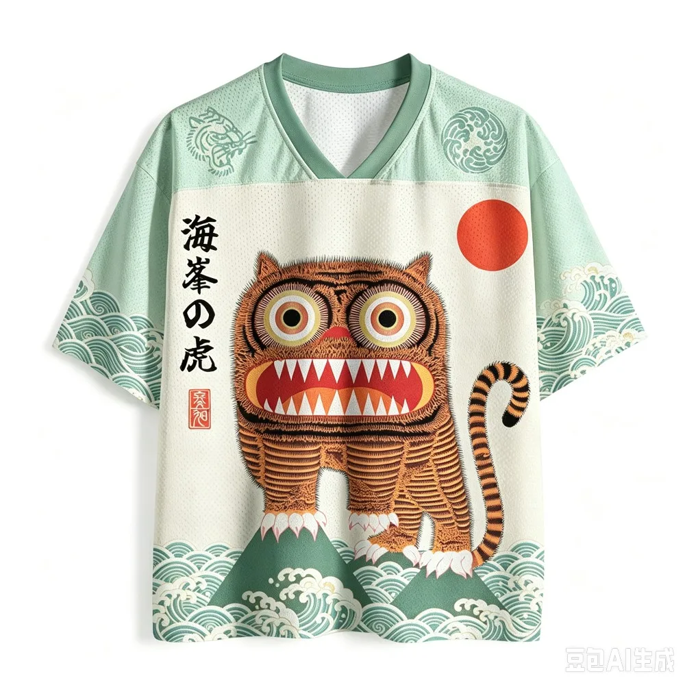 Retro Ukiyo-e Cartoon-Muster 3D-Druck Sport Schnelltrocknend Atmungsaktiv Herren V-Ausschnitt T-Shirt Outdoor Street Y2K Harajuku Casual Eltern-Kind – Detail 6