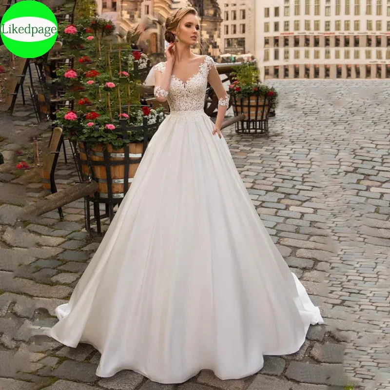 

Satin Appliques Three Quarter Sleeve Wedding Dresses For Women2024 Sexy V-Neck With Pockets Bride Gowns Vestidos De Novia A-Line