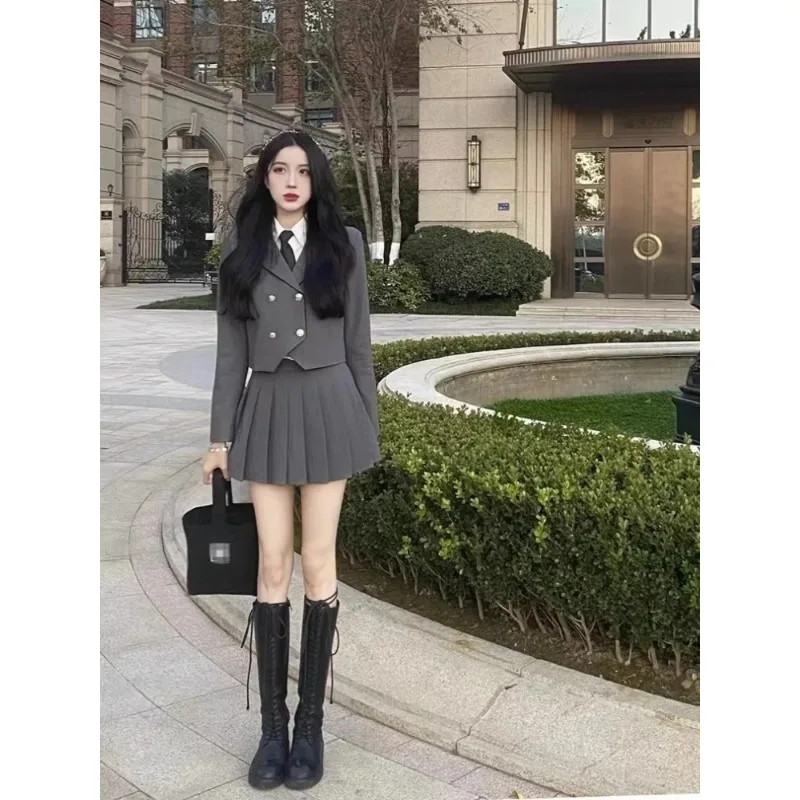 

Insozkdg Autumn Korean Academy Uniform Dress Set Elegant Slimming Streetwear Age Reducing Blazer Pleated Skirt 3 Pieces Girl Set