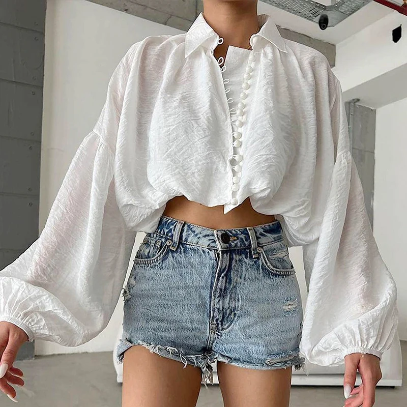 InsLucky Chiffon Lantern Sleeve Blouse Women Single Breasted Loose Cropped Top Turndown Collar Folds Office Lady Blouse Tops