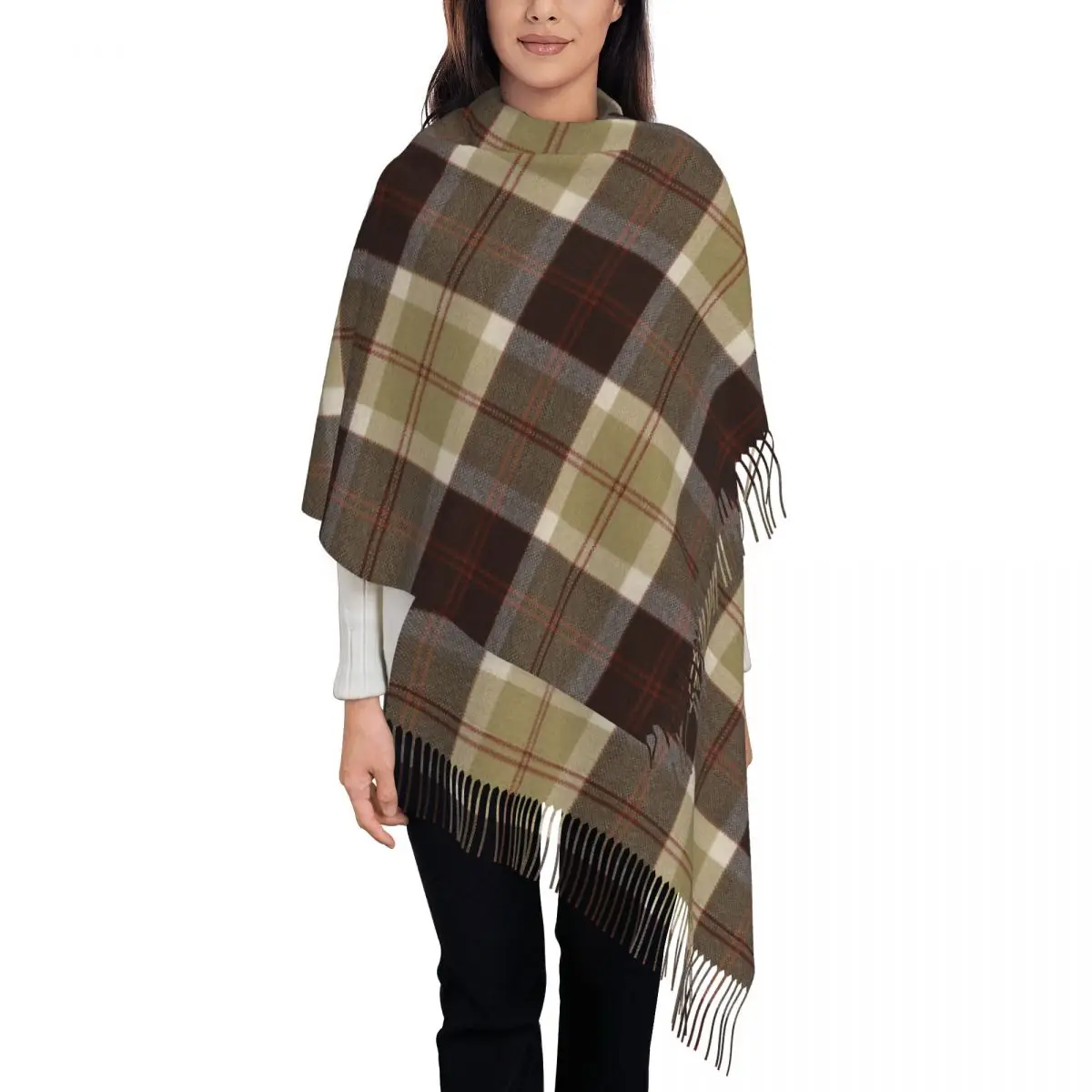 Outlander Leather And Tartan Scarf Tassel Scarves for Women Soft Warm Shawls and Wraps Long Fall Winter Shawl Wrap