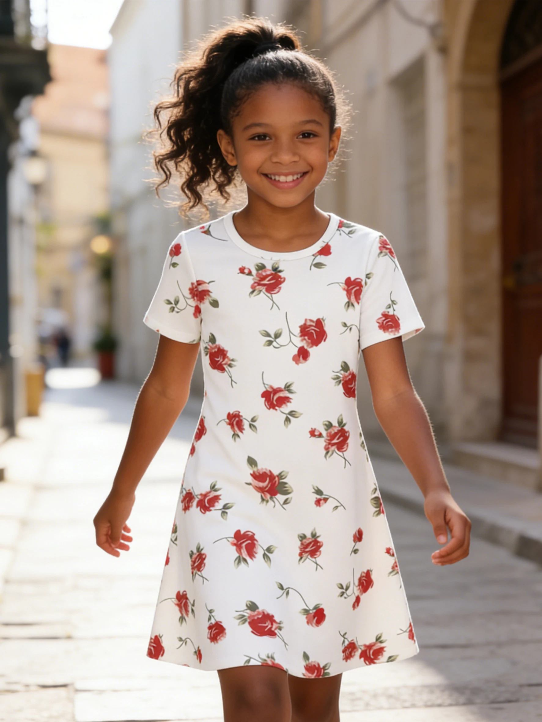 2026 girls' white background red rose green leaf print short-sleeved dress