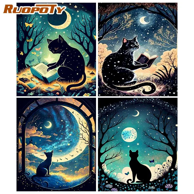 RUOPOTY Oil Painting By Number Moon Black Cat Acrylic Paints Painting By Number Animal Painting Home Decor