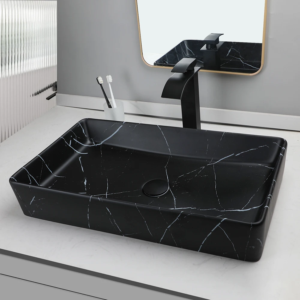 YANKSMART Ceramic Rectangular Bathroom Basin Vanity Counter Top Large Vessel Sink with Black Waterfall Faucet & Pop-up Drain Set