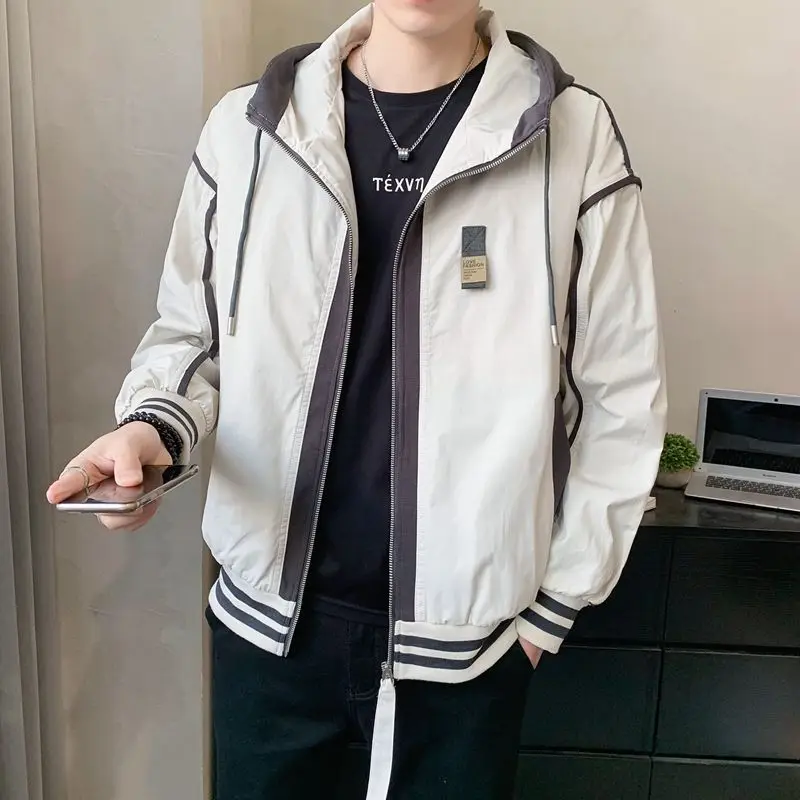 Spring Autumn Jackets Men Patchwork Zip Up Cargo Jacket Loose Casual Long Sleeve Hooded Tops Black White Green Men Clothing New