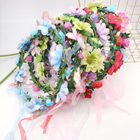 Colorful Rose Flower Crown Fashion Girls Floral Wreath Bridal Halo Headpiece Flowers Leaves Headbands with Adjustable Ribbon