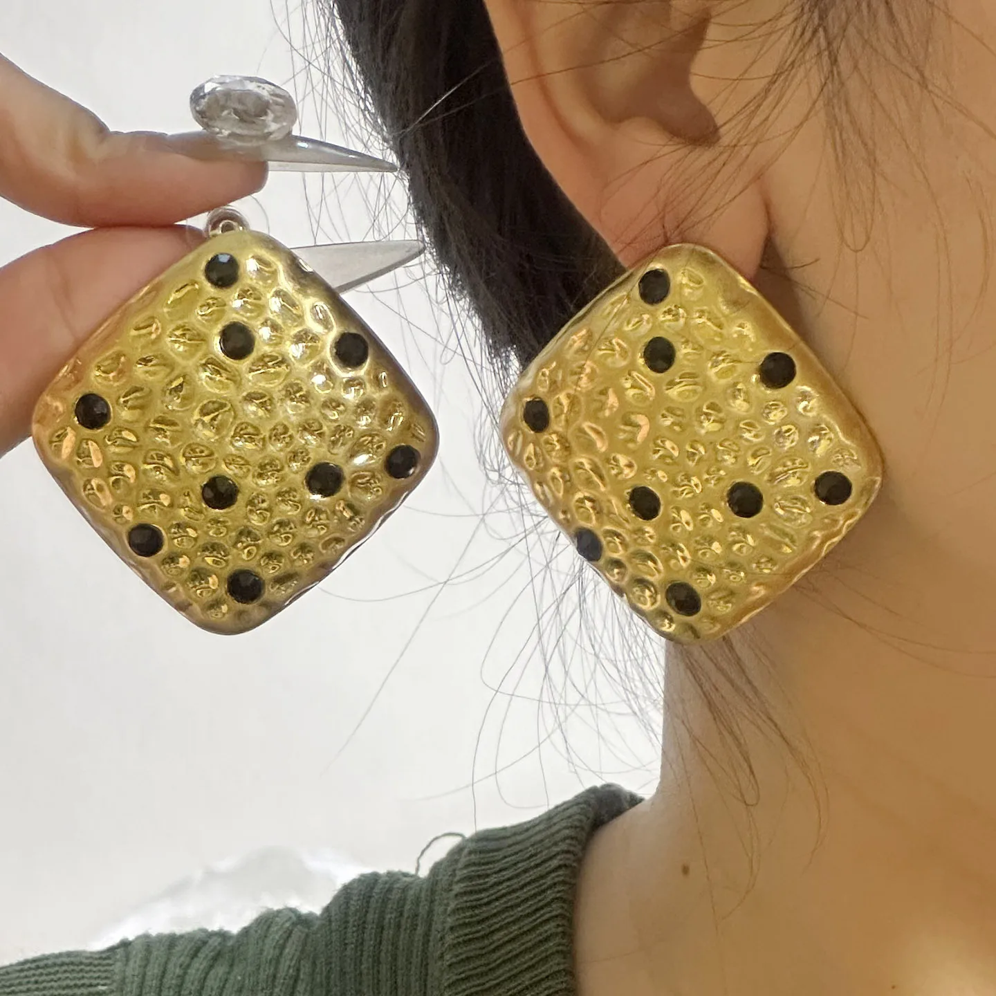 Exaggerated Metal Textured Geometric Square Stud Earrings for Women European American Personality Party Jewelry Trend Accessory