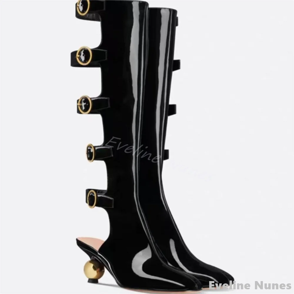 Patent Leather hollow Belt Buckle Knee High Sandals Women Square Toe Strange Style Boots 2025 New Fashion Backless Sandals