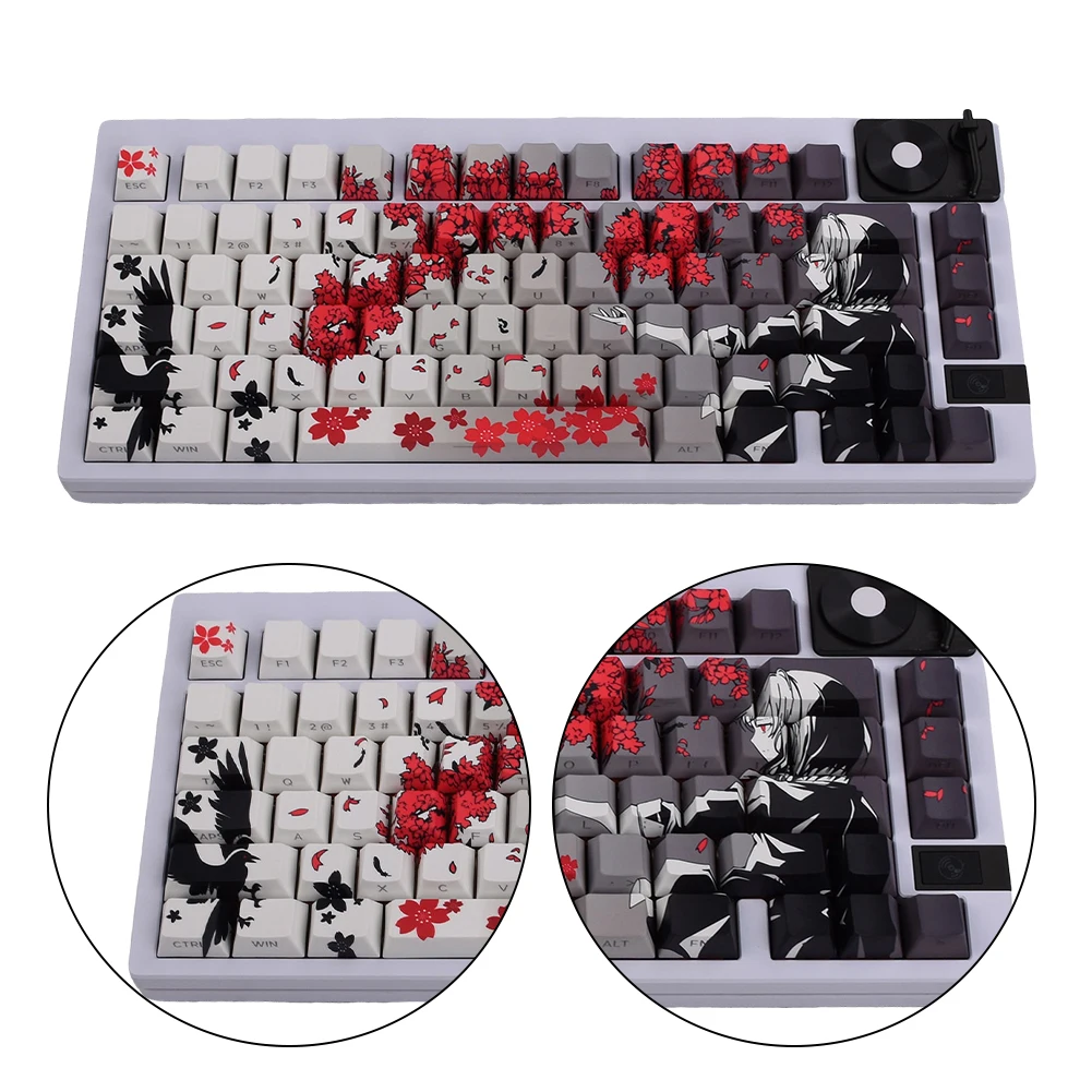 Set Keycap Raven Sakura 129 Key, Keycap PBT Dye Sub, Keycap Kustom untuk Keyboard Mekanik 60/75/80/87/98/104/108
