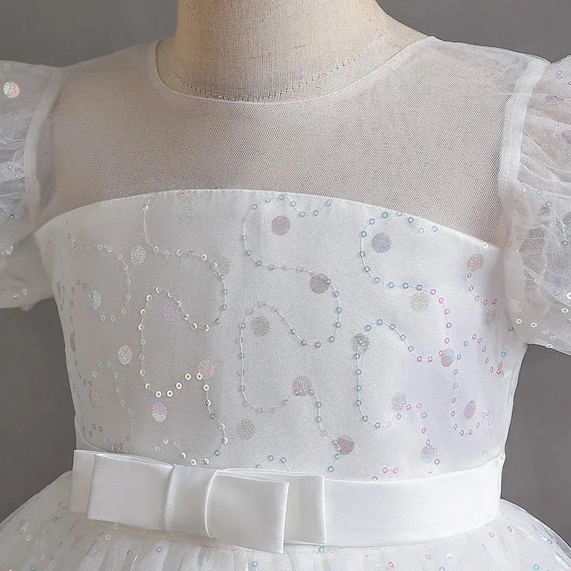 فستان بناتي طويل على طراز المحكمة الفرنسية بأكمام منتفخة وتنورة شبكية على شكل زهرة الأميرة الحلوة لأداء الأطفال #   r155