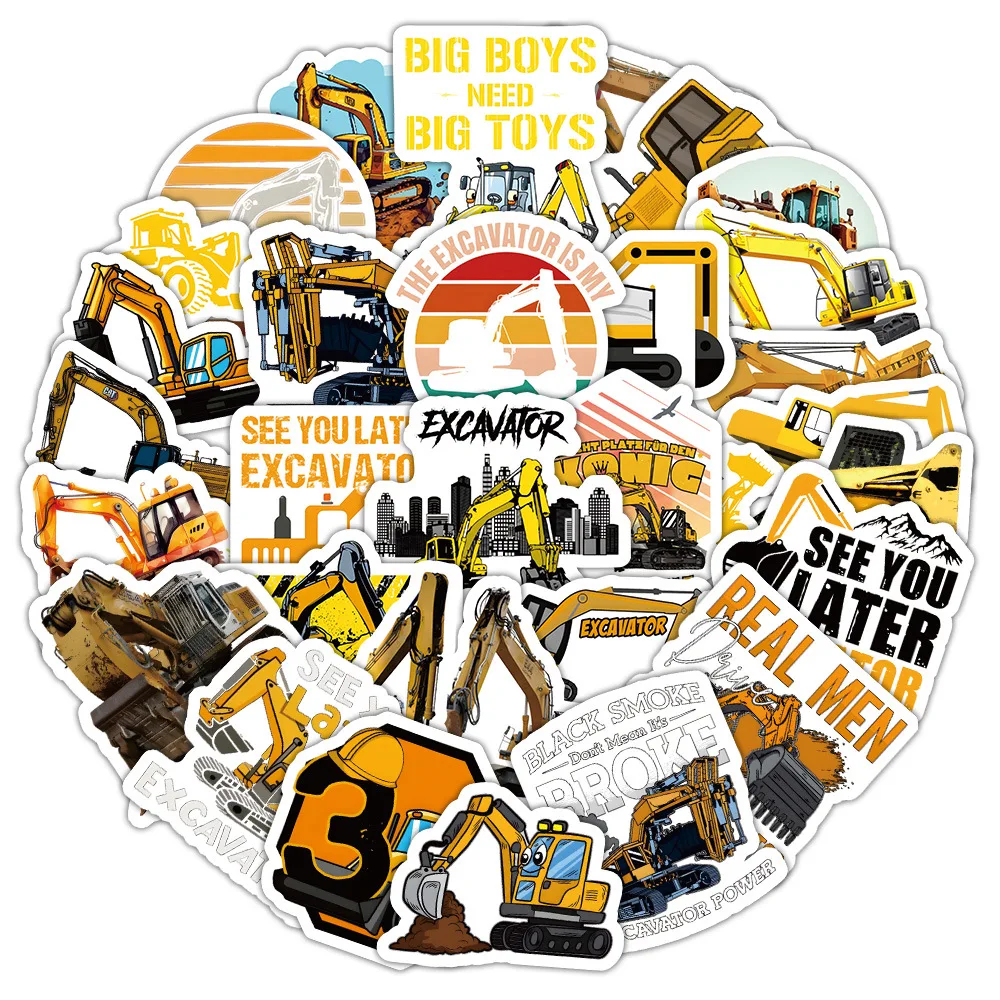 

10/50PCS Yellow Cartoon Excavator Graffiti Sticker Car Engineering Vehicle Waterproof Decorative Pencil Case Car Sticker Decal