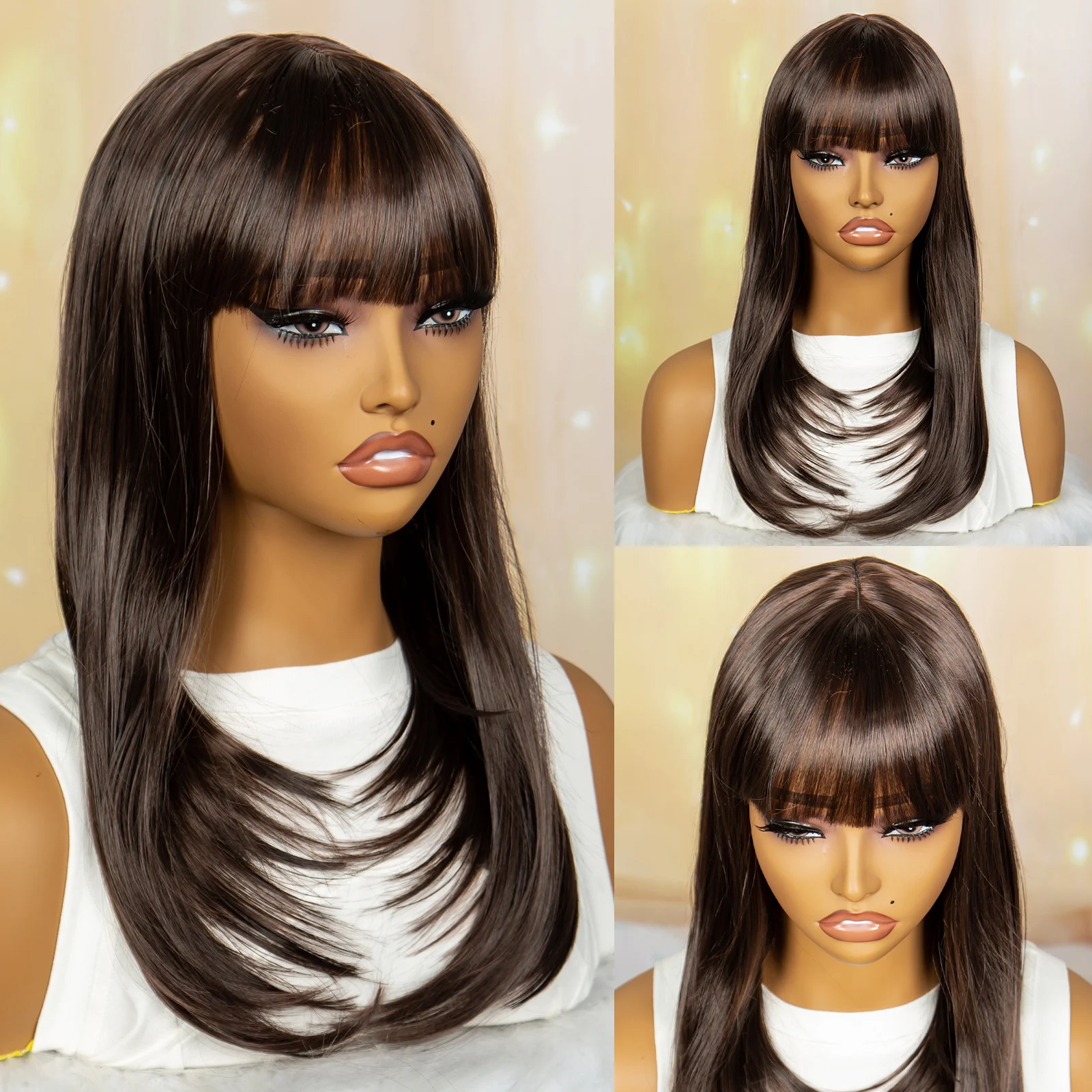 

Synthetic Layered Straight Bob Wig With Bangs Machine Made Colored Layered Straight Short Wig 18 Inches Straight Bangs Wig