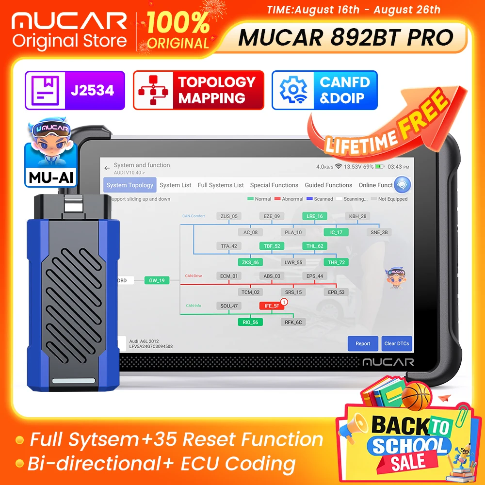 2026 MUCAR 892BT PRO Car Diagnostic Tools Full System Topology Map 35 Resets OBD2 Scanner J2534 Programming CAN FD DOIP Protocol