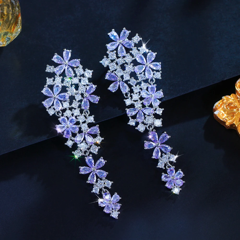 Pendientes largos con forma de flor para mujer, joyería de lujo, delicados, brillantes, de circonia blanca y morada, para fiesta de boda, E2060