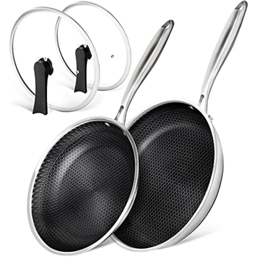 

Stainless Steel Frying Pan Set with Lids, 9.5 and 11 Inch Frying Pans Nonstick, Stainless Steel Fry Pan Set, Honeycomb Pans for