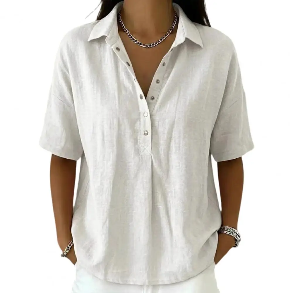 

Однотонная женская рубашка в европейско-американском стиле, летняя, свободного кроя, удобная, с воротником, с коротким рукавом