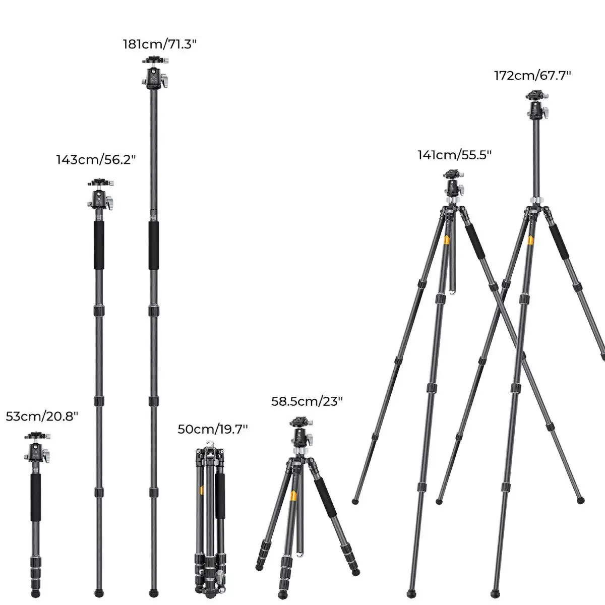 K&F Concept 68\'\'/170cm Carbon Fiber Camera Tripod Professional Photography Tripod with 30mm Metal Ball Head Capacity 12KG/26.4lb