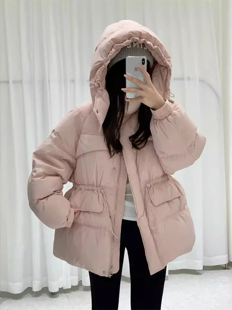 

Winter Warm Mid-Length White Duck Women's Down Jacket High Waist Hooded Slim Parkas