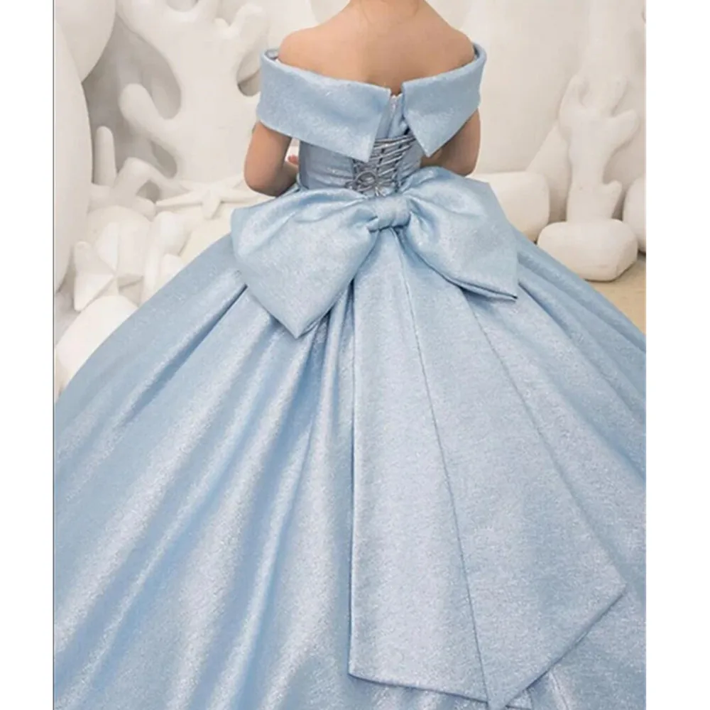 Light Blue Flower Girl Dresses Simple Bow Elegant Princess Satin Ball Gown For Kids Birthday Party First Communion Dress