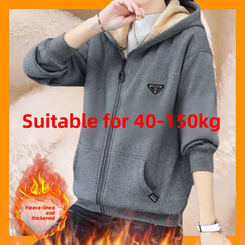 Women's Fce Lined Thi Warm Coat Autumn Winter plus Size Loose Casual Sle Zipper Closure Hooded Top Trendy Ins Sle