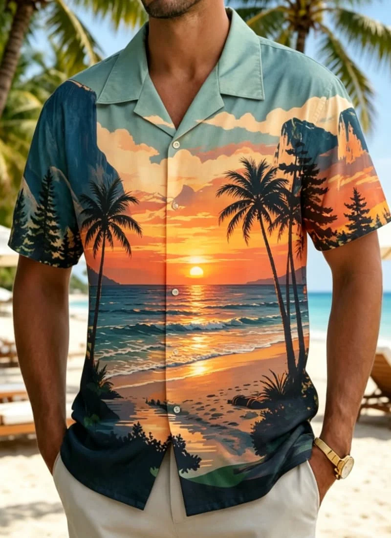 Men's natural landscape printed  shirt, featuring an exotic natural style,  for summer vacations,  daily outings, casual wear