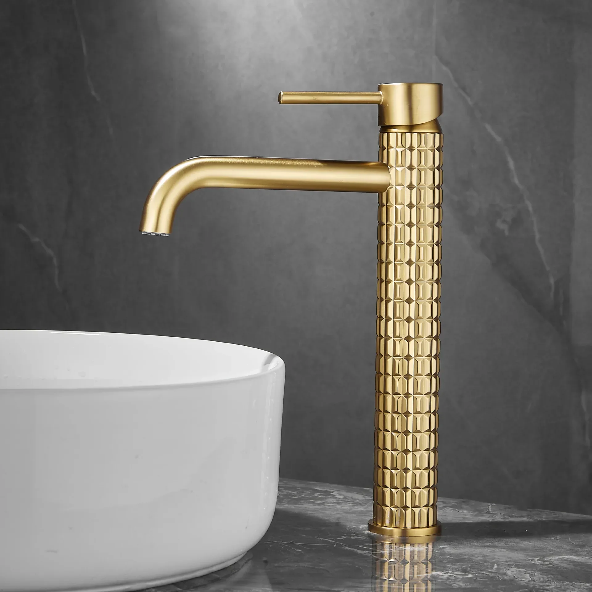 Brush Gold Bathroom Basin Faucets Art Carved Sink Mixer Tap Hot & Cold Deck Mounted Grey Lavatory Crane Water Tap