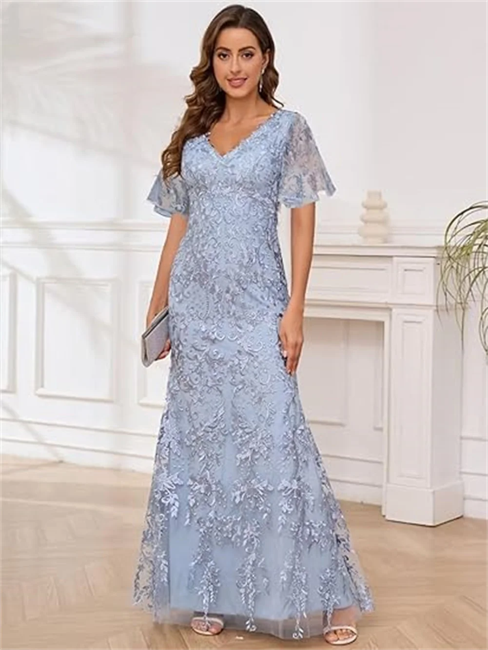 

Customized Lace Appliques Mermaid Mother Of The Bride Dresses For Wedding Short Ruffle Sleeves Formal Dress V Neck Evening Gowns